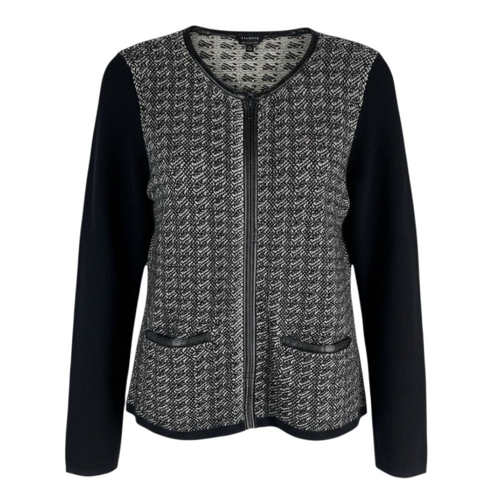 Talbots Merino Wool Knit Zip Jacket Black Cream Size S